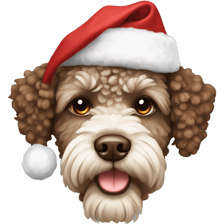 Brown Lagotto dog wearing christmas hat emoji