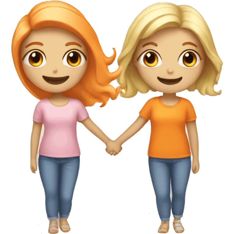 Two girls holding hands smiling one with blonde hair and one with orange haid emoji