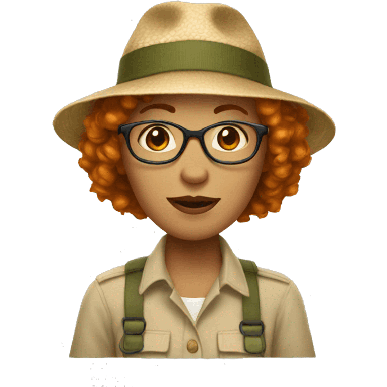 pale woman with very short curly ginger hair and glasses in safari hat emoji