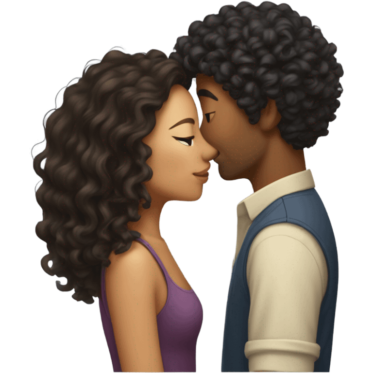 Mixed girl with middle curly hair kissing an Asian man  emoji