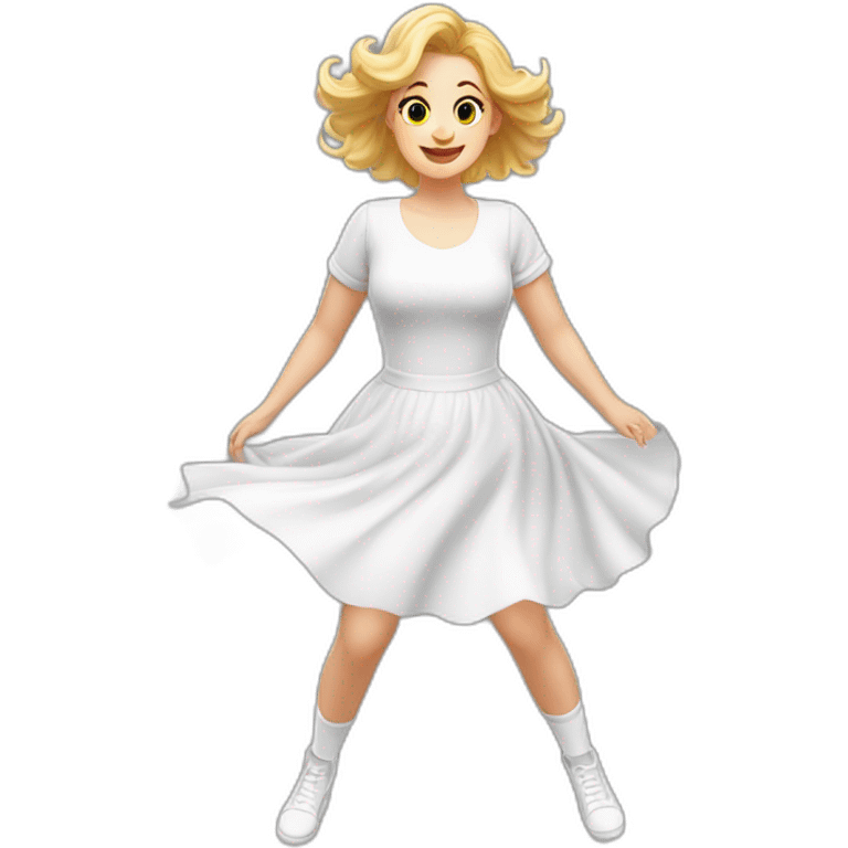 realistic full body caucasian curvy beauty jumping short dress back and front views strong wind white knickers long white socks emoji