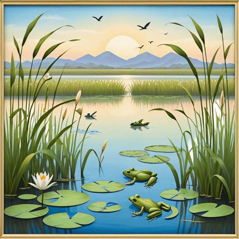 Cinematic Realistic Wetlands Emoji in a wooden frame, Peaceful and serene, with tall grasses swaying in the breeze and soft, muddy waters reflecting the sky above. Small birds and insects flit among the reeds while lily pads float lazily across the surface, punctuated by the occasional croak of a frog or splash of a fish. Soft glowing outline, capturing the essence of a calm, tranquil wetland brimming with life and natural beauty. emoji