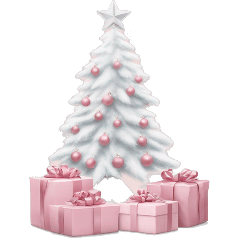 Light pink Christmas gifts under a white Christmas tree  emoji