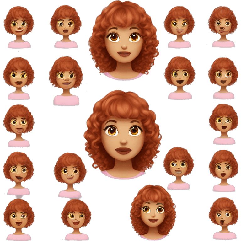 A face emoji. Red curly hair with medium length with bangs brown medium eyes smokey eyes makeup and soft pink lips and skinny nose  emoji