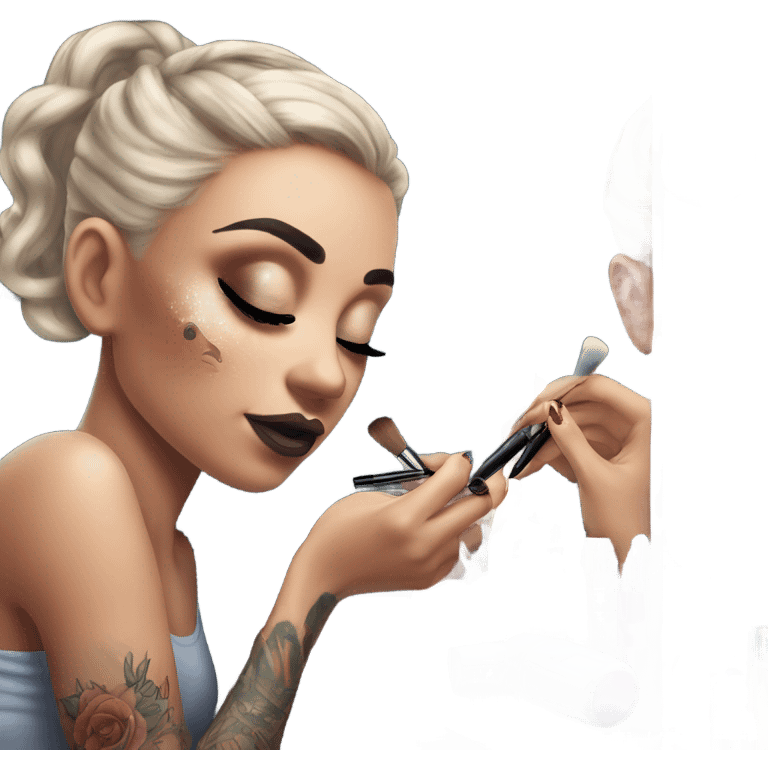 Hyper Realistic Beautiful tattooed woman applying her makeup in a mirror with lights on emoji