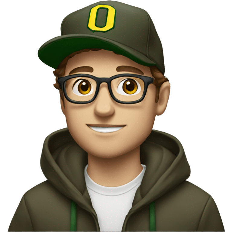 jeremy allen white with brown hair, glasses, and a university of Oregon baseball hat, and a hoodie emoji