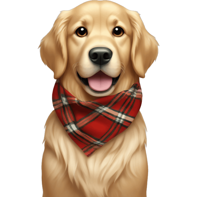 Cream color Golden retriever wearing a red plaid scarf emoji