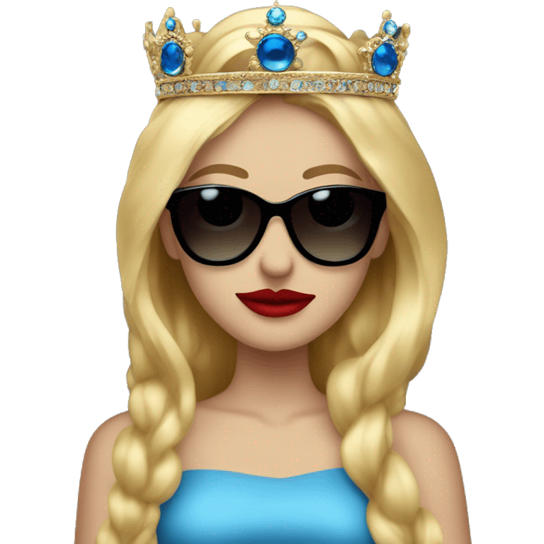 girl long blonde hair blue eyes and red lipstick wearing a crown and black sunglasses that cover her eyes emoji