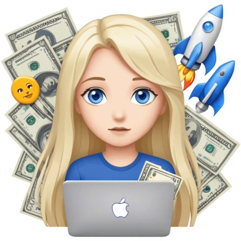 create pack of stickers where me (girl with blue eyes and long fair har) working with Meta ads, it could be facebook logo, tablue logo, google sheets logo, money, data tables, rocket, My Drama app logo or me watching vertical series etc. emoji