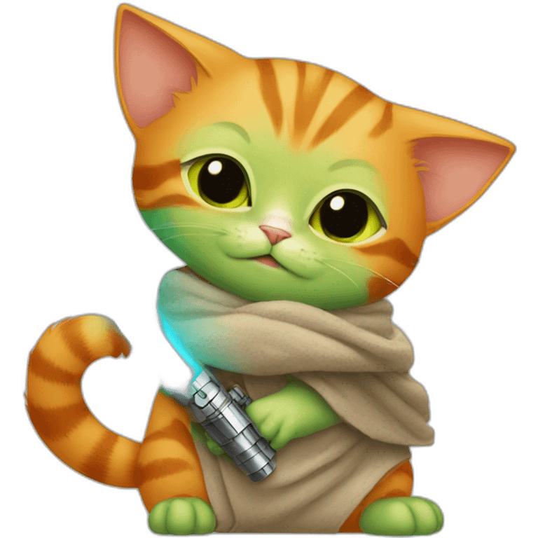 Orange cat with lightsaber and baby yoda hugging emoji