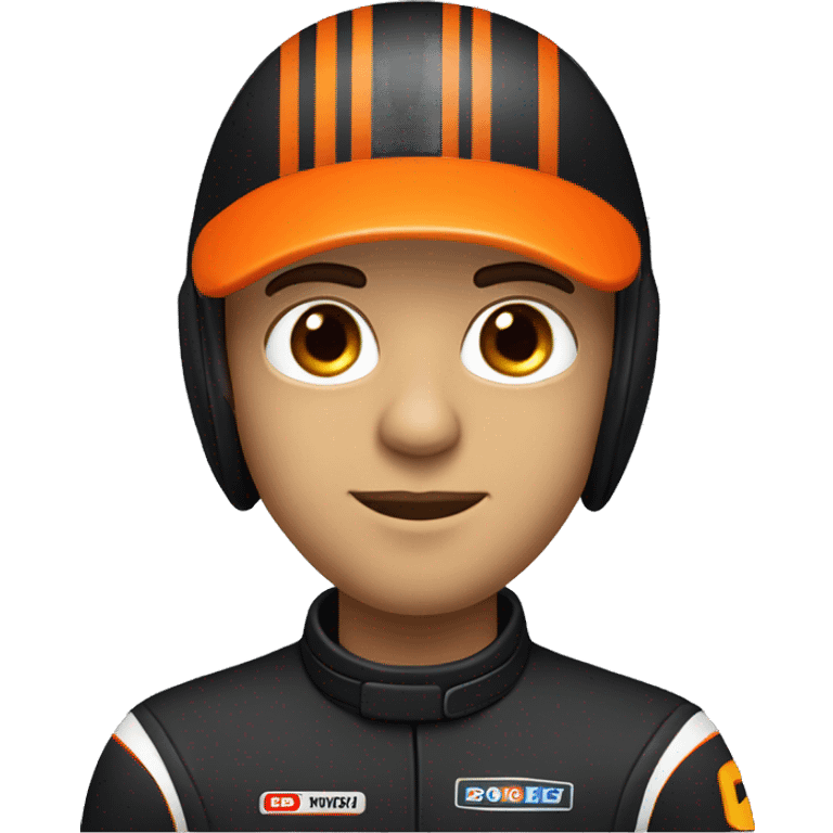 Head and shoulders of a race car driver wearing a black suit with orange stripes and a black helmet with an orange design and a closed visor emoji