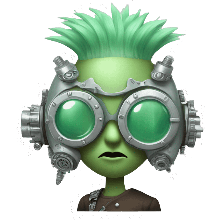 Pastel green Mohawk cyborg head with silver steampunk goggles emoji