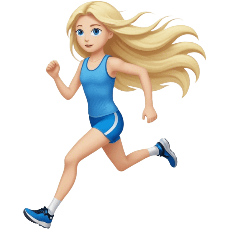 Cinematic realistic blonde with long hair and blue eyes, running emoji