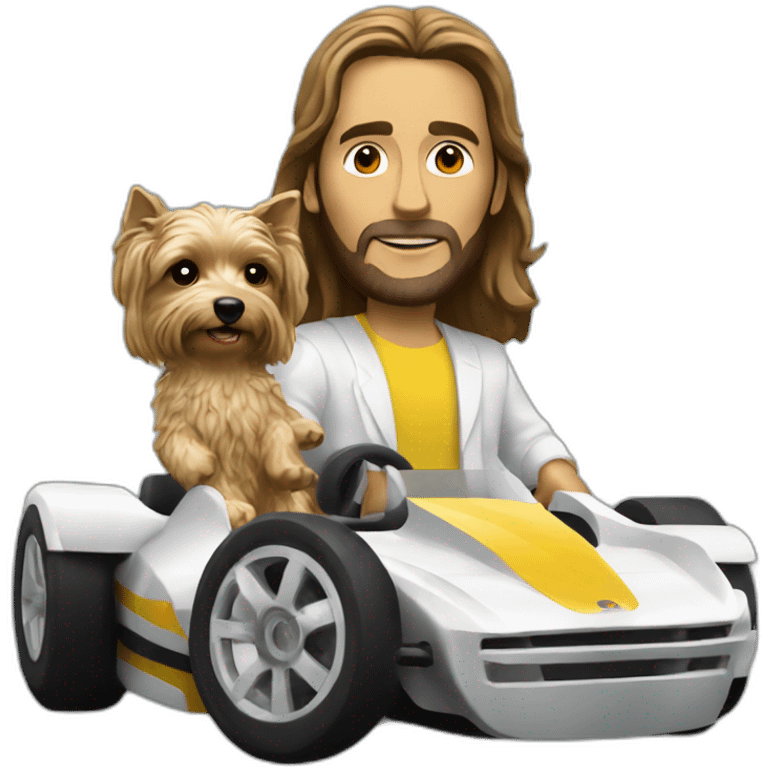 Rio jesus-statue holding a yorkie while driving f1 car emoji