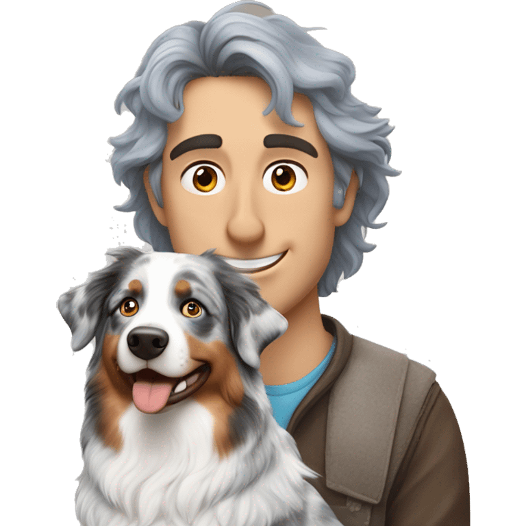 blue merle australian shepherd dog next to owner white man brown hair emoji