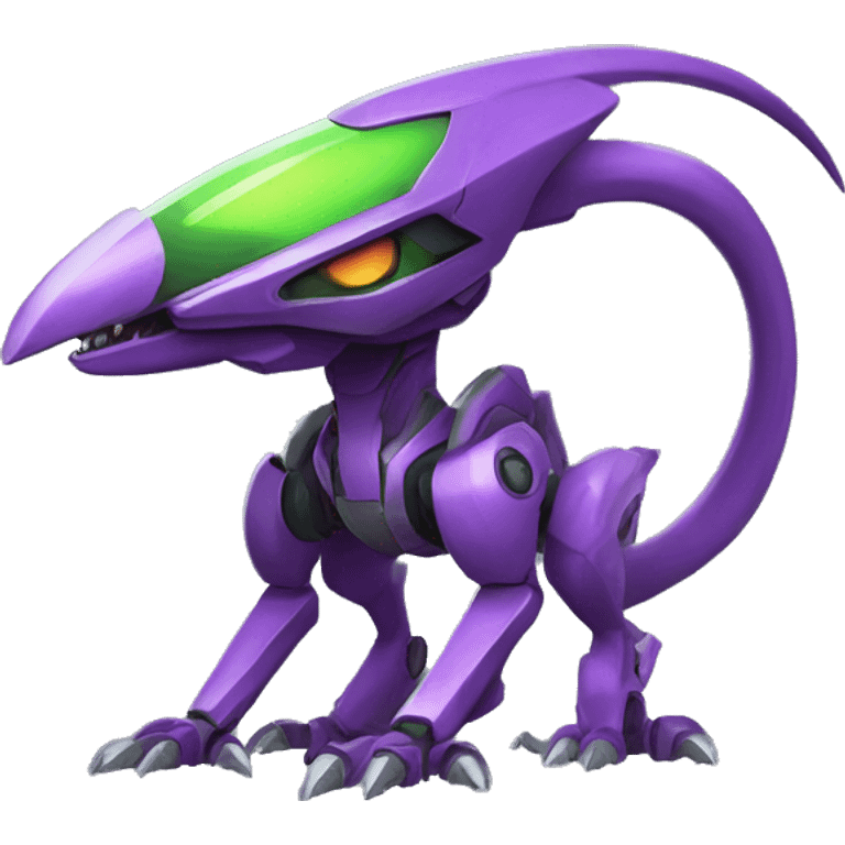 a purple-green Genesect-Raptor-Fakémon—hybrid with a futuristic visor-helmet full body emoji