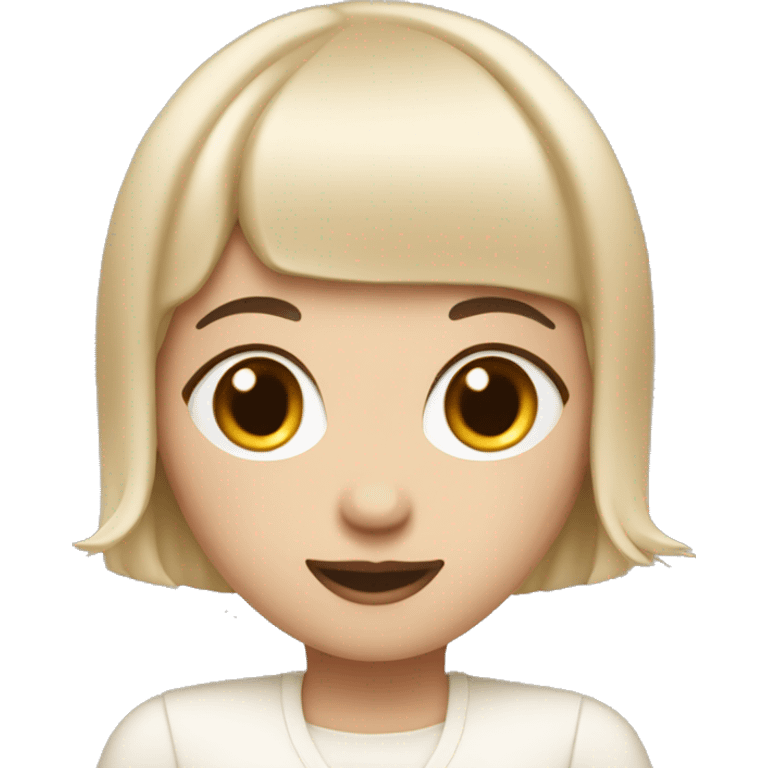 female with fair skin, dark bob and a fringe is making a cake emoji