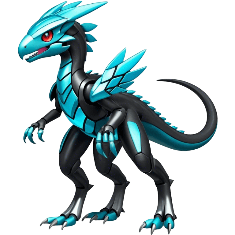 Shiny Futuristic Celestial Glossy-Metallic-Alloy Fakemon-Pokemon-Digimon-Spectrobes-Raptor-fusion, full body, four legs, black body, cyan accents, scales emoji