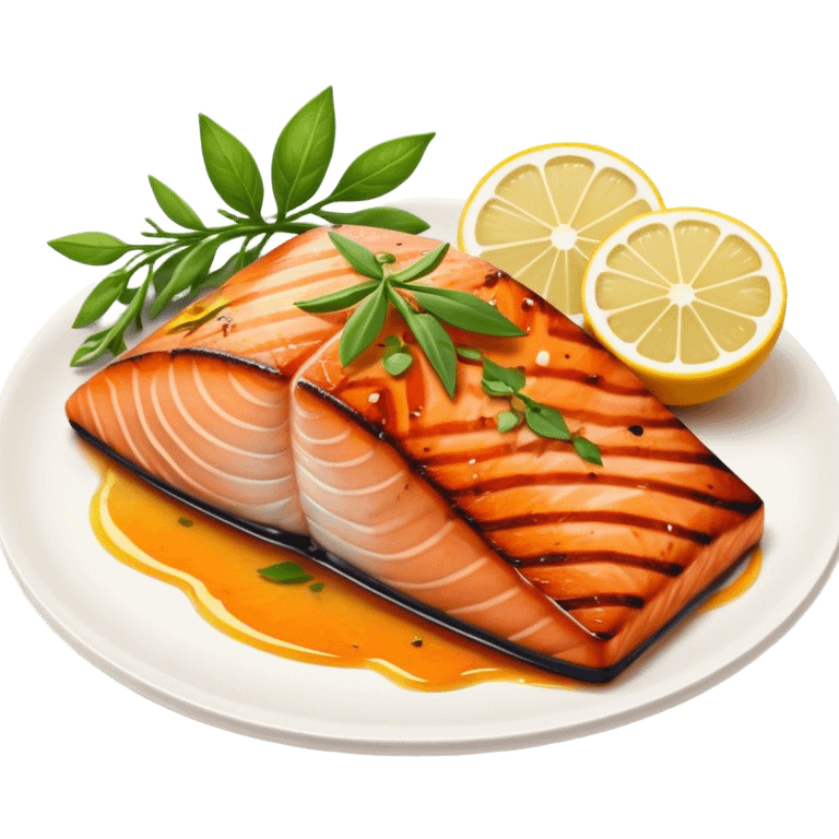 Cinematic perfectly grilled salmon, rich orange hues with crispy skin, garnished with fresh herbs, drizzled with lemon, ultra-detailed and delicious. emoji