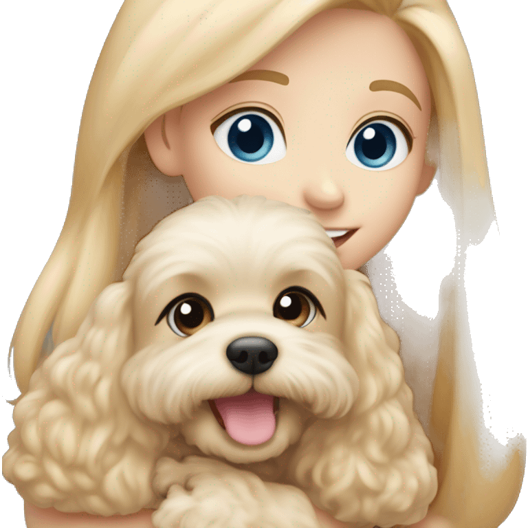 New year Blonde girl with very long straight hair and blue eyes is hugging a small caramel maltipoo and the dog is smiling  emoji