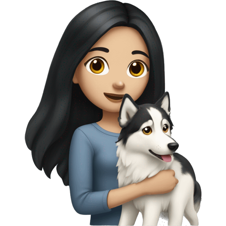 Pale girl with long black hair holding Alaskan husky emoji