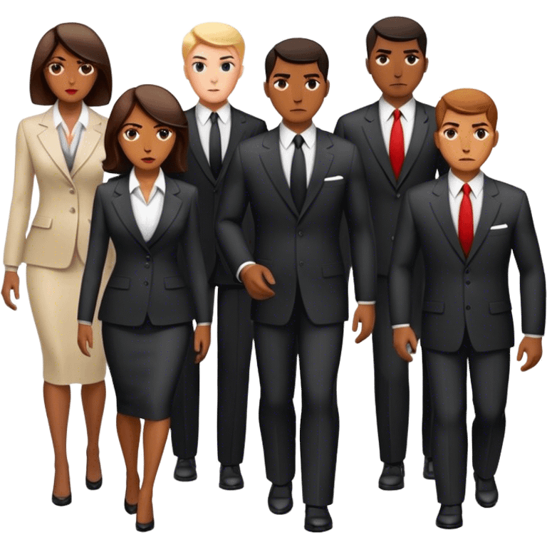 A group of secret intelligence agents in formal suits, with one being a woman and the rest being men. They appear serious, professional, and mysterious, working together as a team emoji