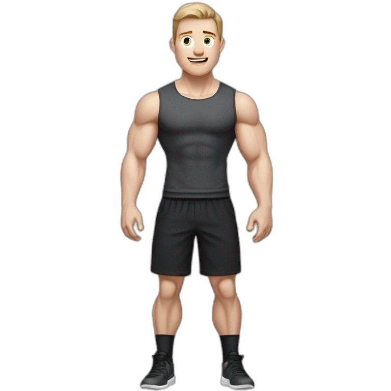 amazed Pale skinned Fit Man With the biceps and dark brown hair in black shirt, gray sports shorts and white Sneakers emoji