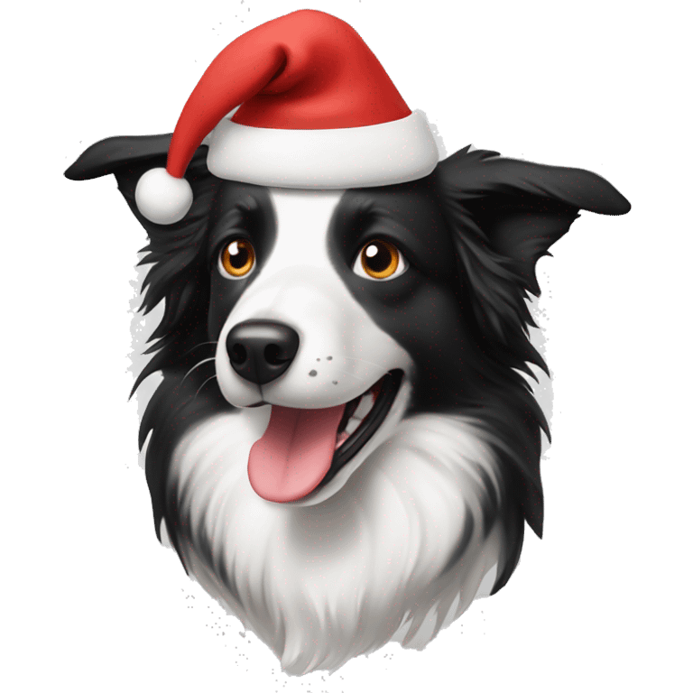 A border collie wearing a Christmas hat emoji