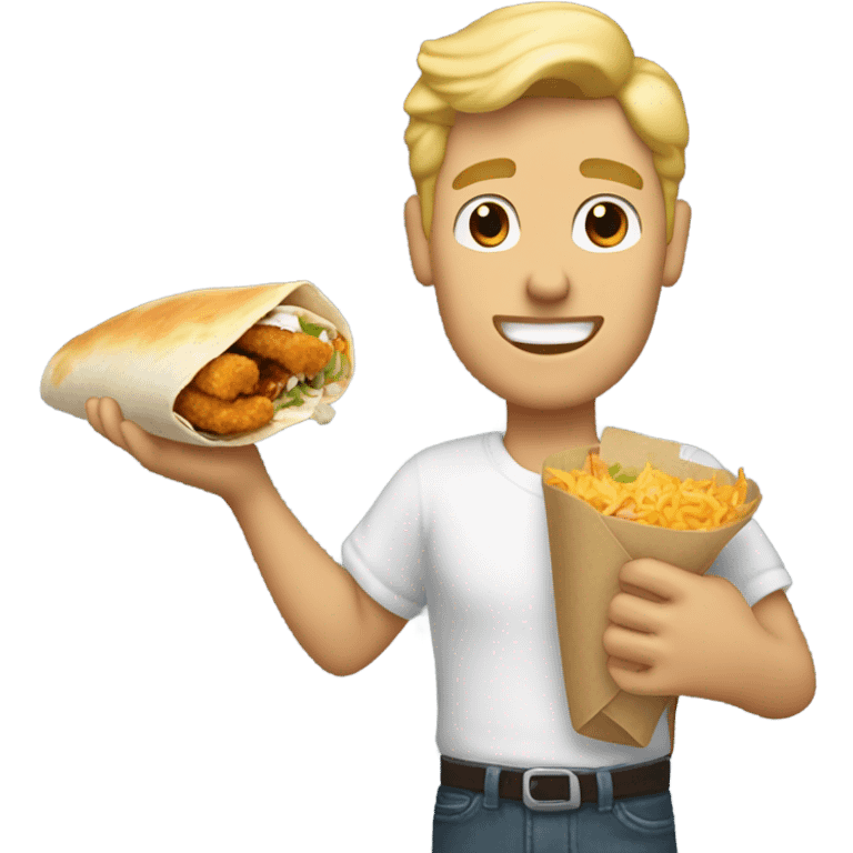 White guy with blonde pompadour hairstyle eating a burrito in one hand and chicken tenders in another emoji