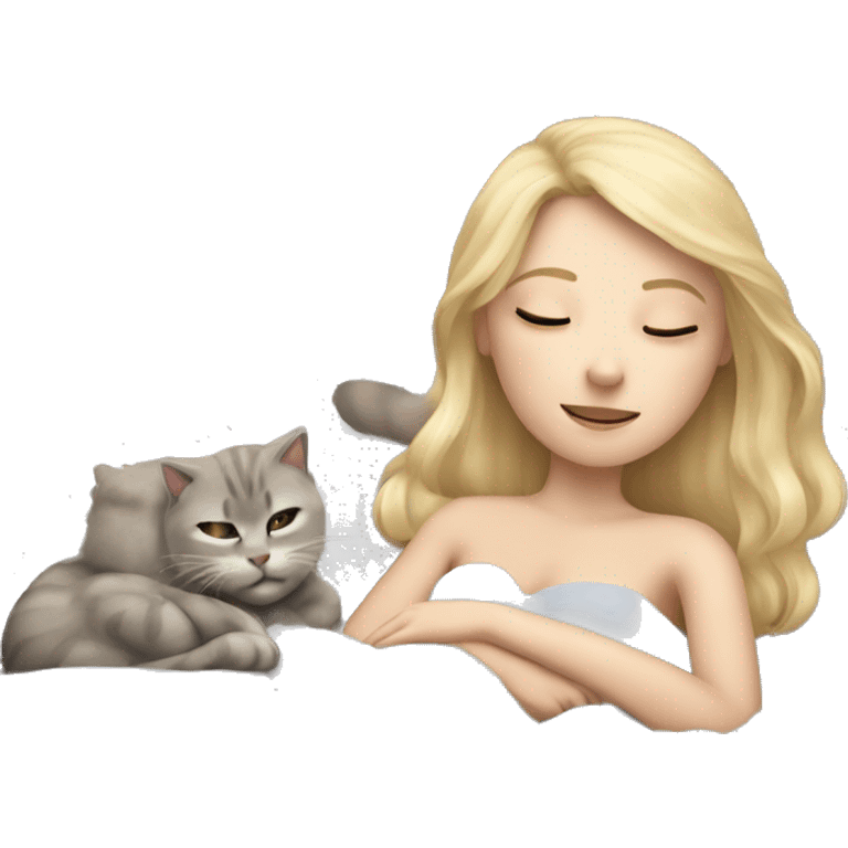 Blond girl sleeping in bed with one grey and one beige cat  emoji