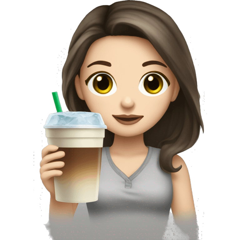 Pretty white girl brunette green eyes holding iced coffee emoji