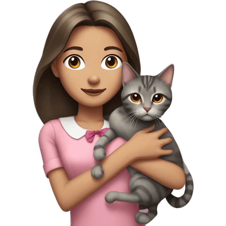 Brunette girl with straight hair in a pink blouse, holding a gray, striped, brown-eyed cat with a bow in her arms emoji