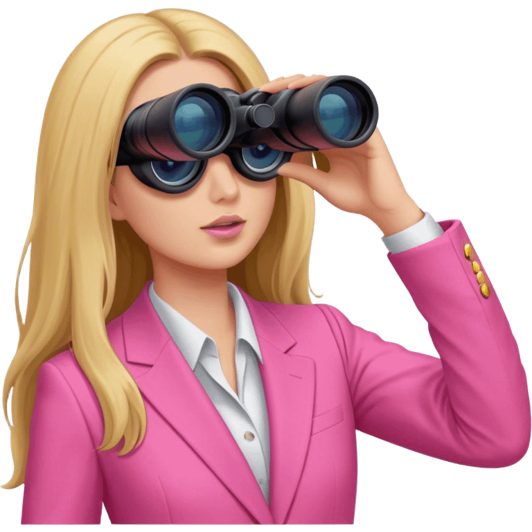 woman with long hair in an intensive color pink suit looking through binoculars, front view, upper body emoji