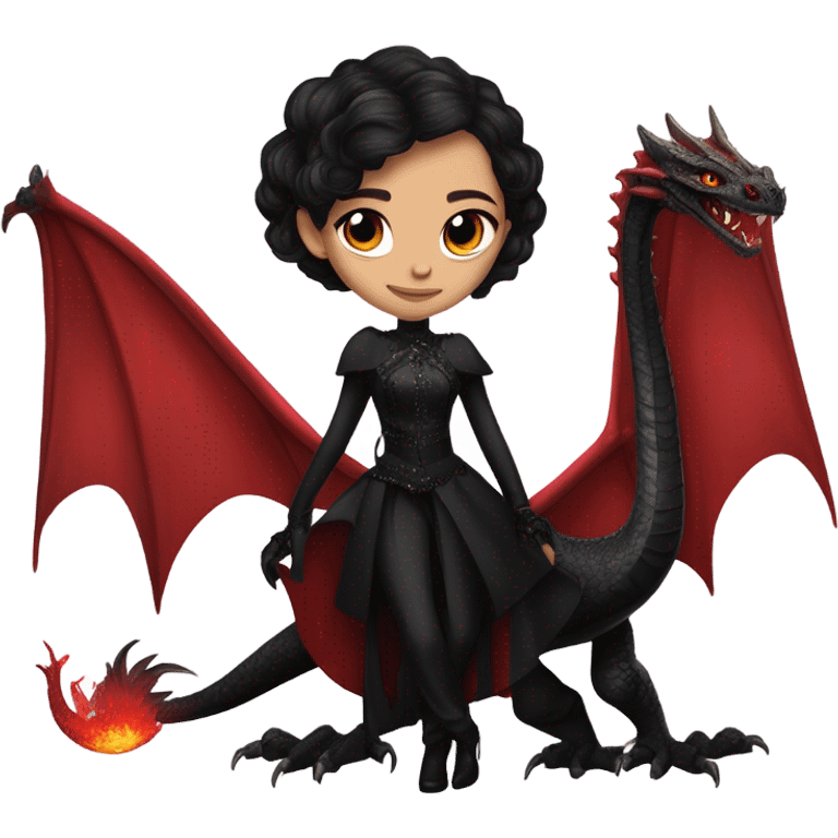 Lavish Victorian evening gown with gloves, Jenna Ortega as Addams Jedi wearing a mini tiara, riding on the back of a very large blood red evil-looking horned firedragon emoji