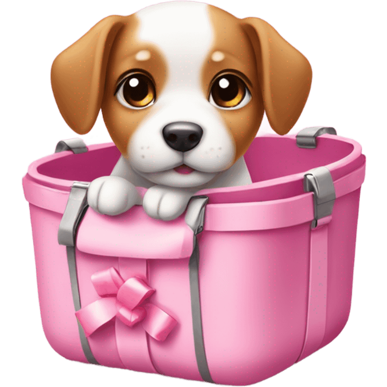 Cute puppy with pink bow on head in a carrier  emoji