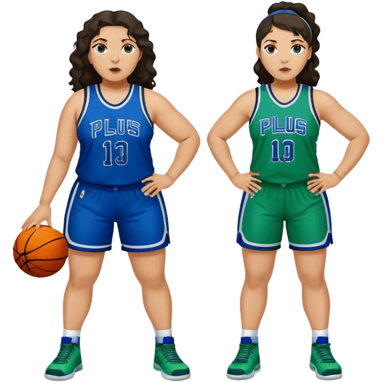 full body plus size light skin latino women basketball player with wavy dark hair large wide nose wearing blue with green uniform emoji