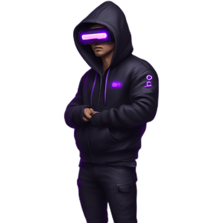 Russian man in the black hoody with violet letters "OMG VR" on it wearing vr headset. Cyberpunk style. Violet neon. emoji