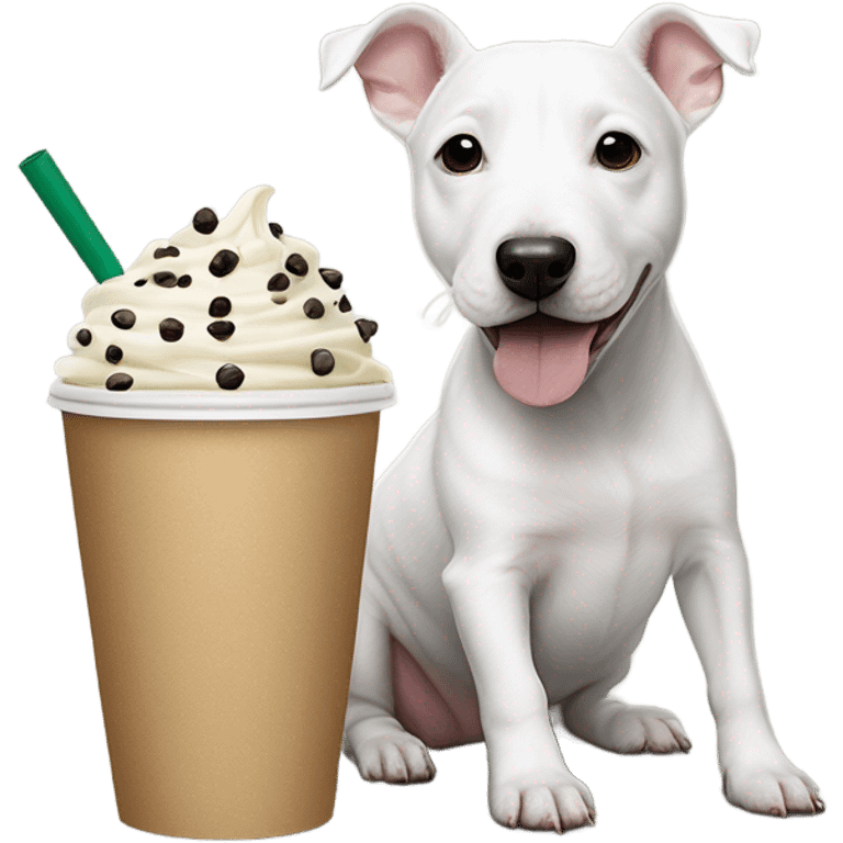 White mini bull terrier with black spots on body and a fluffy parson Russell terrier eating pup cups from Starbucks  emoji