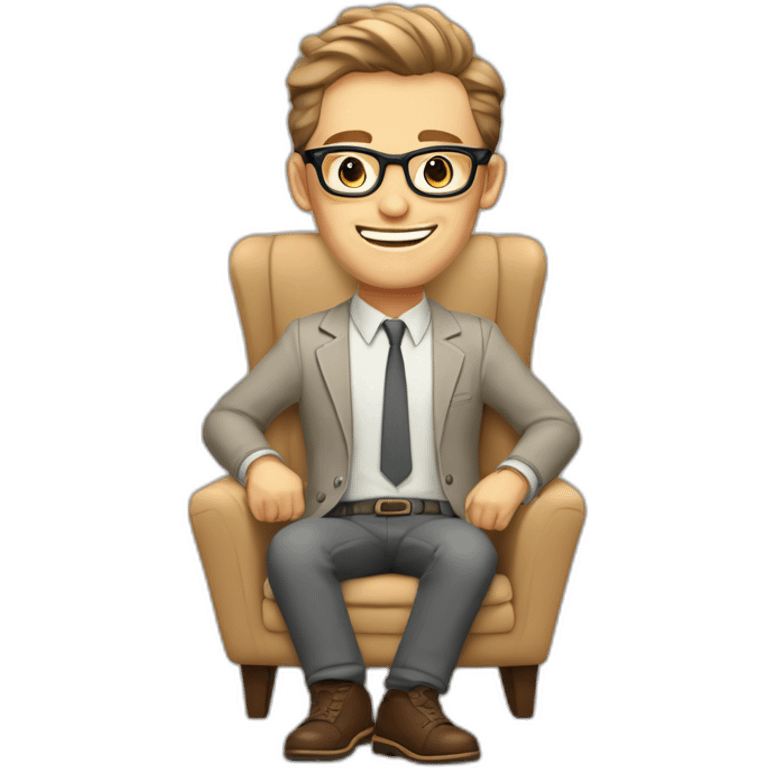 Joyful thrumbs up Pale skinned Fit Man With dark brown hair in gray jacket, beige office shirt, Brown pants and vintage glasses sitting In a soft chair emoji