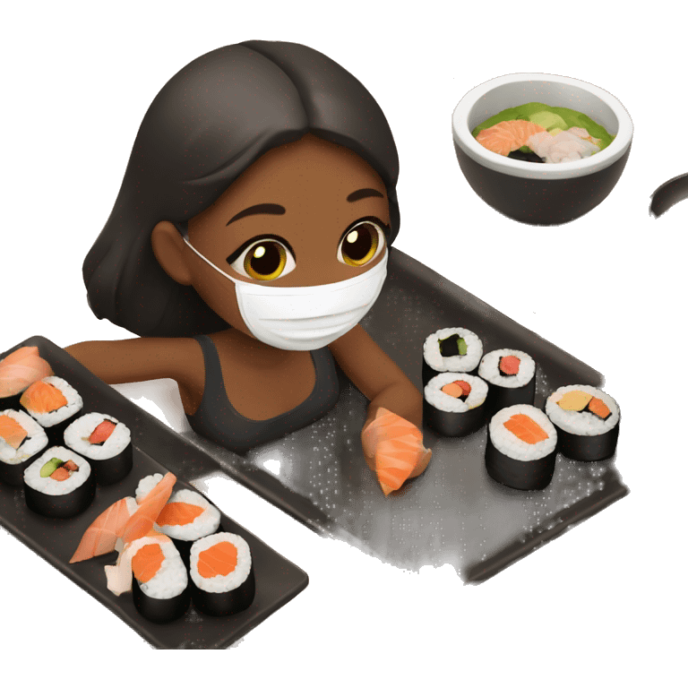 Girl eating sushi with a skincare face mask on relaxing emoji