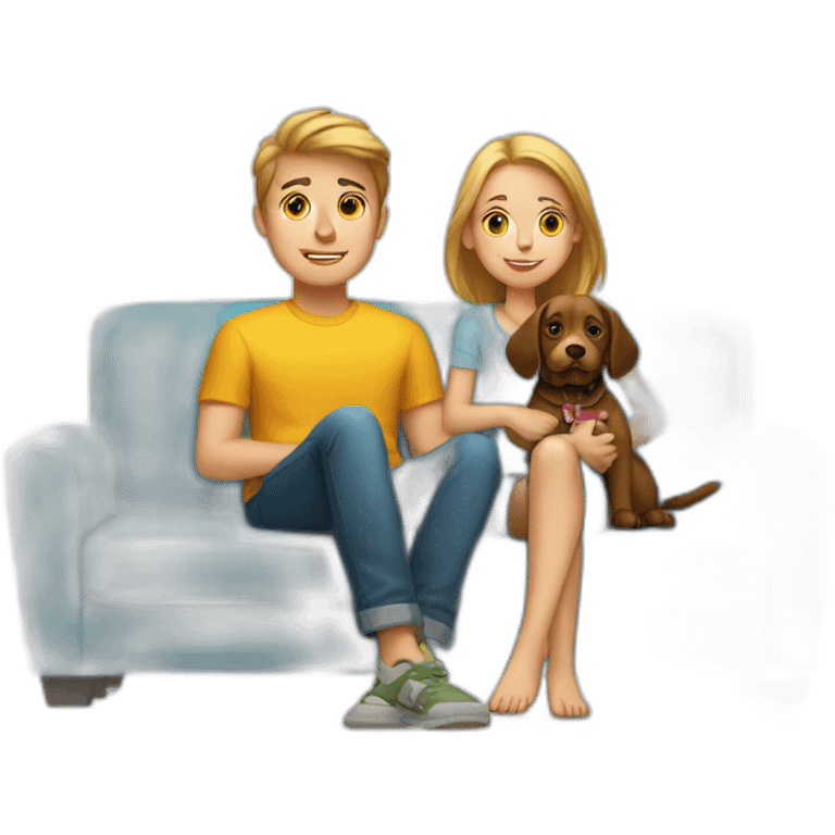 White boy and girl Sit on couch with dog emoji