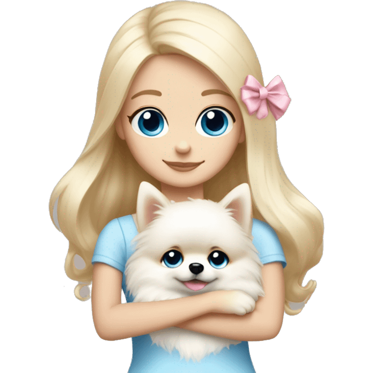 Blond girl white skin blue eyes hugging white Pomeranian with light pink bow emoji