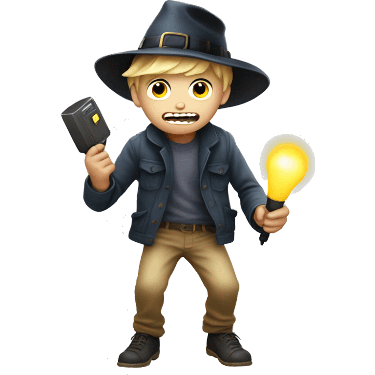 blond boy with hat scared Flashlight in hand spooky halloween emoji