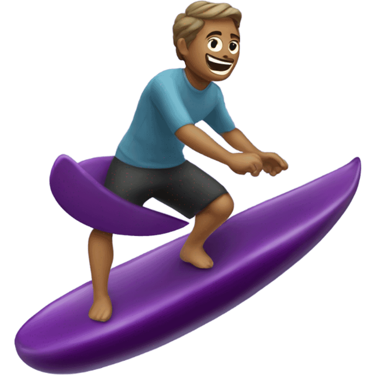 Man surfing on an eggplant emoji