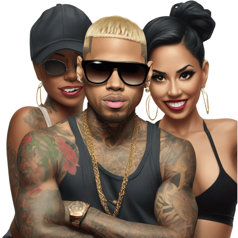 Hyper Realistic Chris Brown  wearing sunglasses with 2 female tattooed dancers emoji