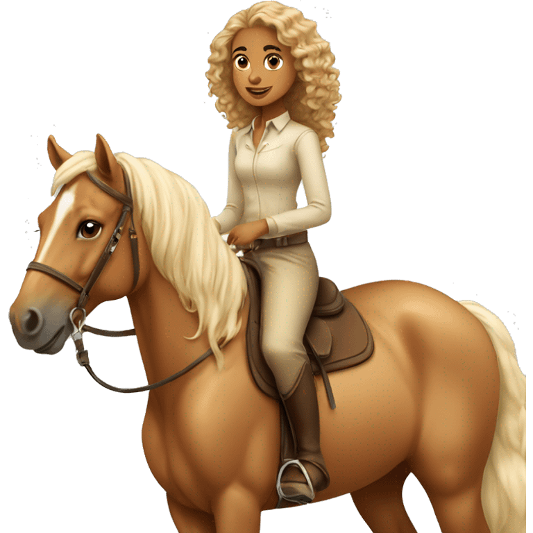 A tan girl with curly hair on horseback palomino horse emoji