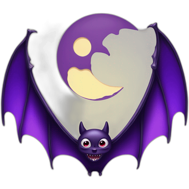 purple and black evil face vampire bat cartoon sparkle eyes wings flying in front of large dripping crescent moon emoji