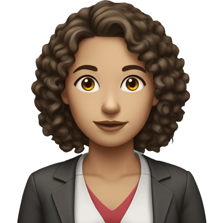 A young female teacher with dark brown shoulder length curly hair. They have blue eyes and no glasses. emoji