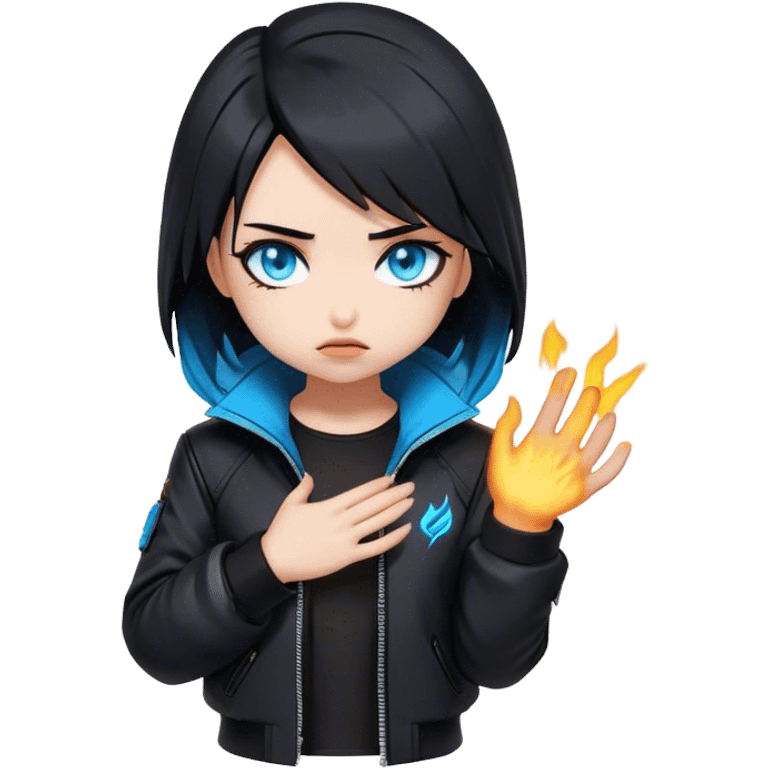 Black hair cyberpunk 2077 chibi girl with blazing blue eyes and black jacket. Hides her face in her hands shy emoji