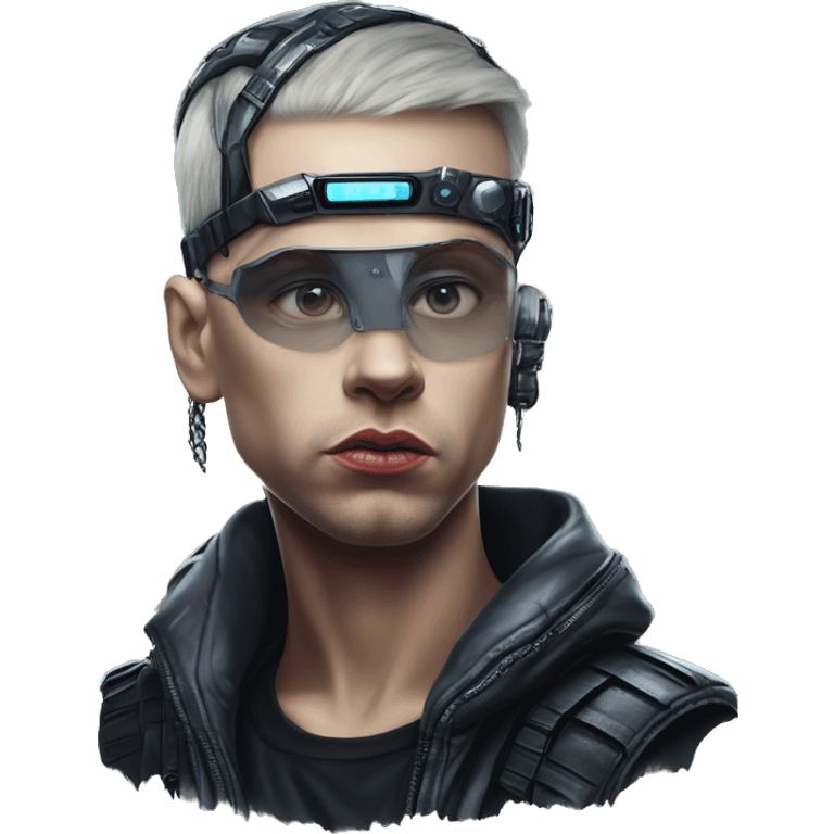 Cyberpunk Eminem in bladerunner style, oil paint, epic eyes, intricate lips, exquisite pose, beautiful, desirable, logical emoji